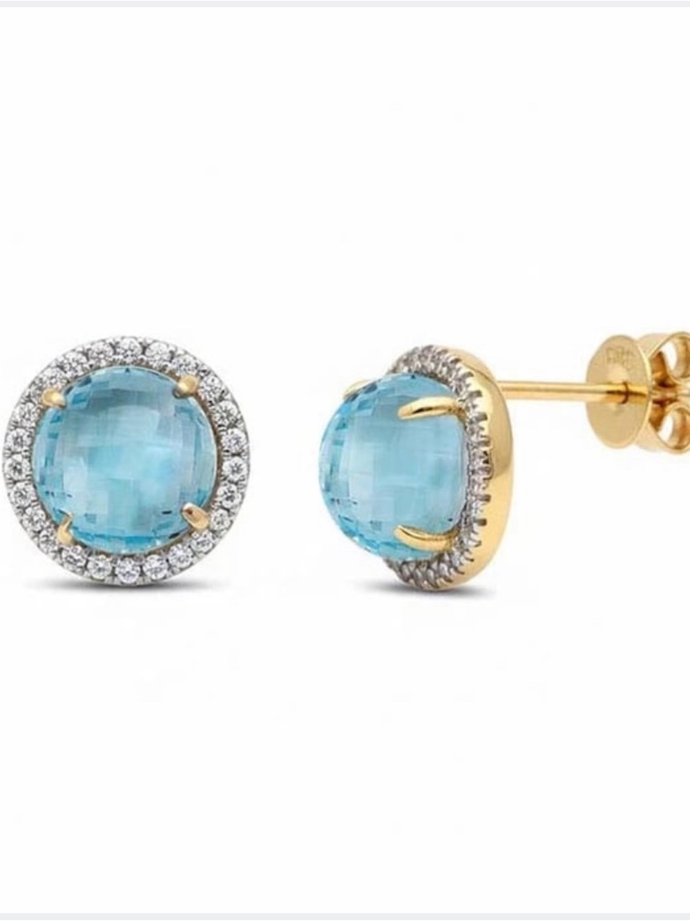 14k Gold Blue Topaz and Diamond Halo Stud Earrings